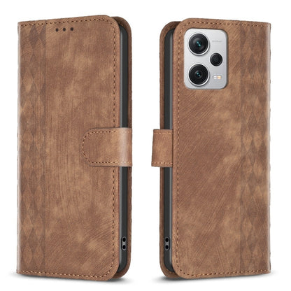 Plaid embossed leather phone case, brown folio with side strap and camera cutouts
