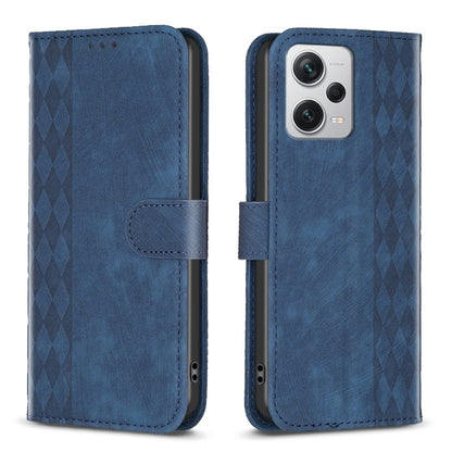 Plaid embossed leather phone case, blue folio with side strap and camera cutouts