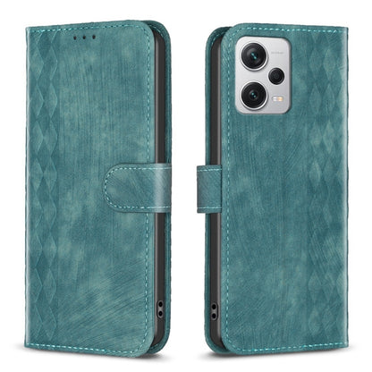 Plaid embossed leather phone case, teal folio with side strap and camera cutouts