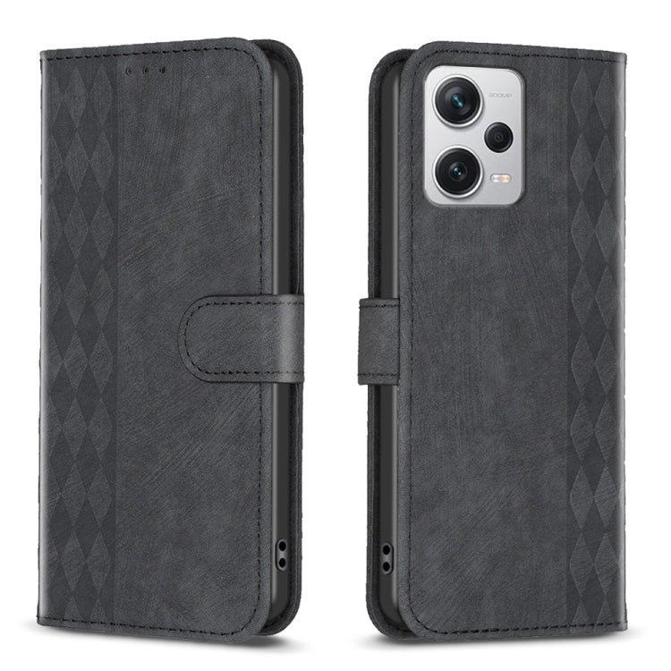 Plaid embossed leather phone case, dark gray folio with side strap and camera cutouts