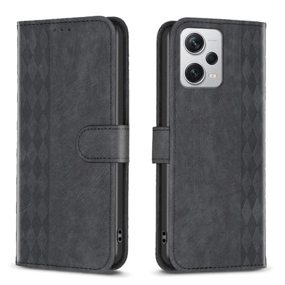 Plaid embossed leather phone case, dark gray folio with side strap and camera cutouts