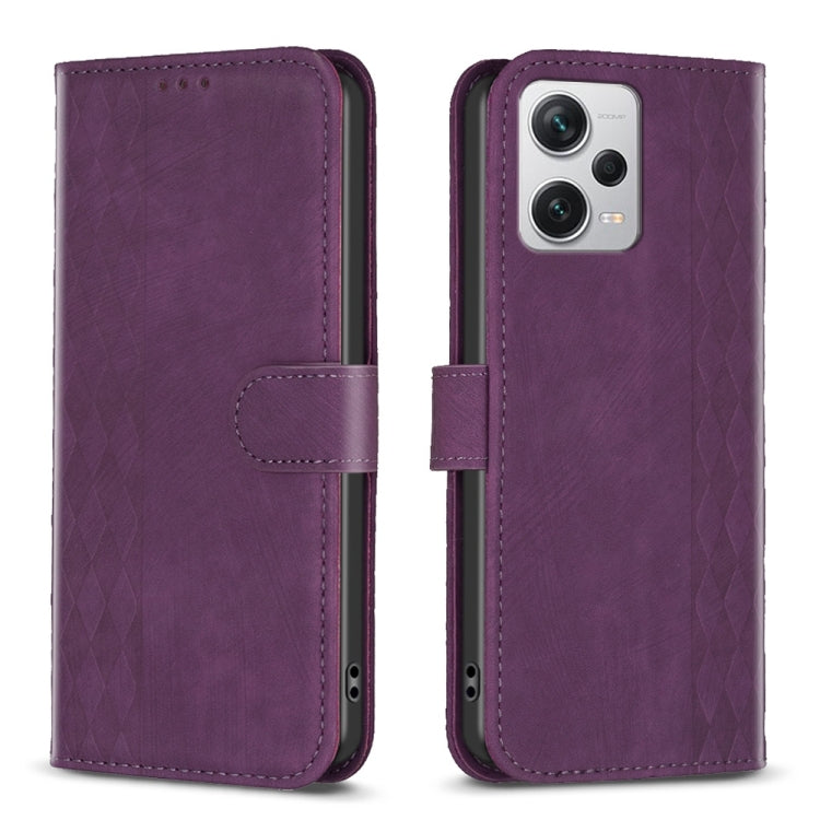 Plaid embossed leather phone case, purple folio with side strap and camera cutouts