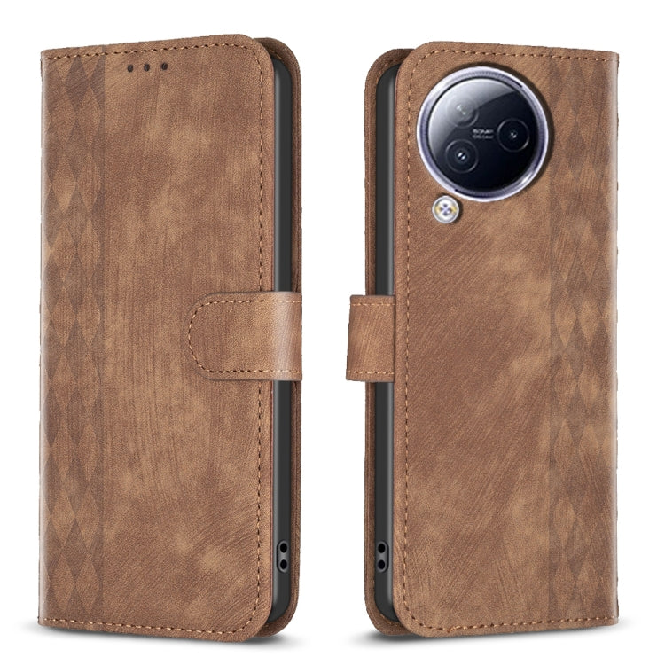Brown plaid embossed leather phone case with flip cover and camera cutout.