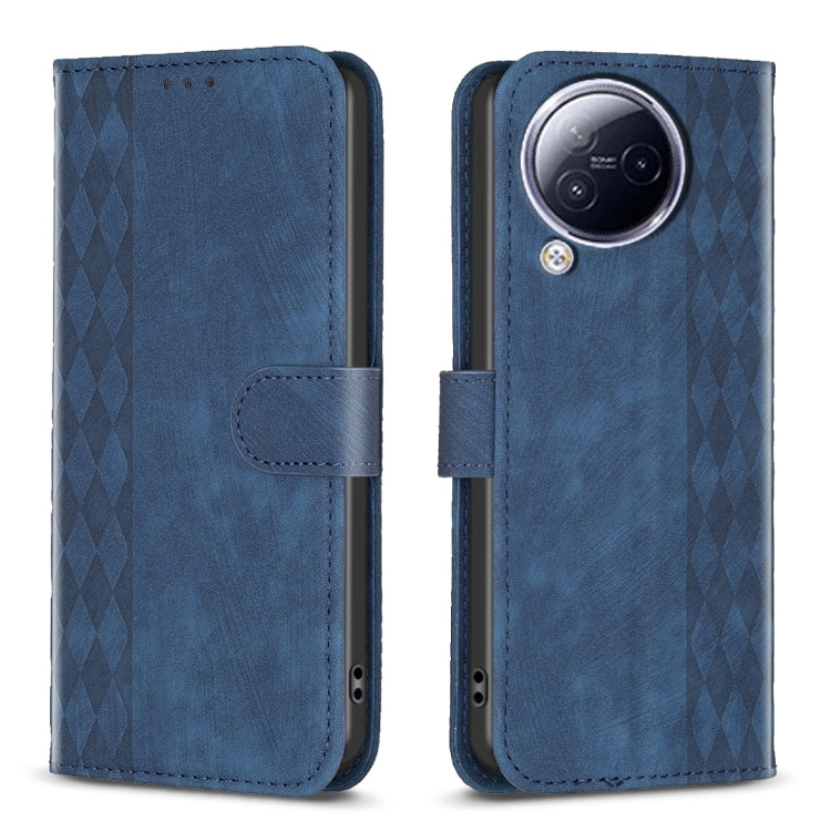 Blue plaid embossed leather phone case with flip cover and camera cutout.