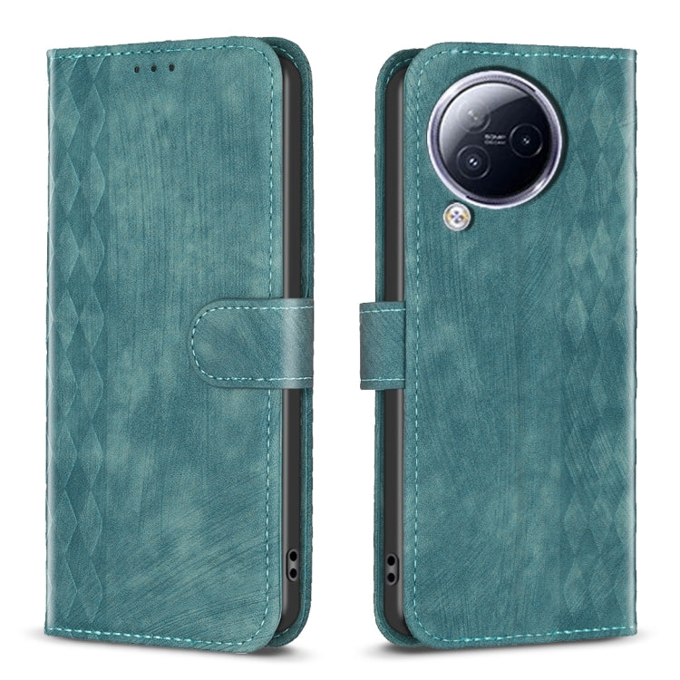 Teal plaid embossed leather phone case with flip cover and camera cutout.