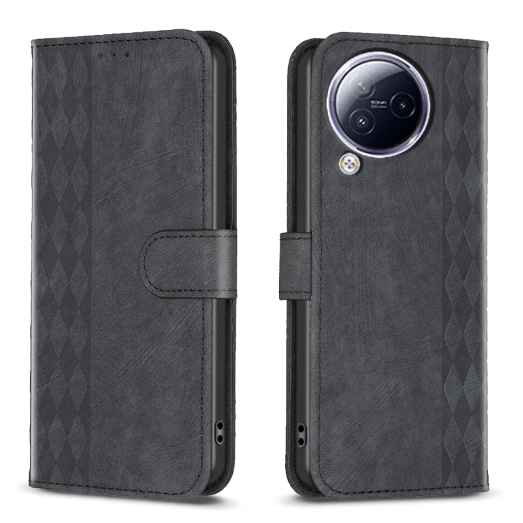 Black plaid embossed leather phone case with flip cover and camera cutout.