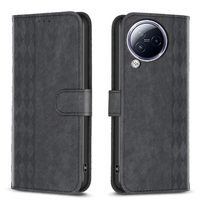 Black plaid embossed leather phone case with flip cover and camera cutout.
