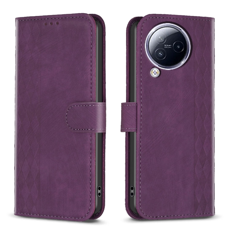 Purple plaid embossed leather phone case with flip cover and camera cutout.