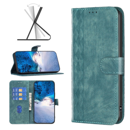 Teal plaid embossed leather phone case with flip cover and card slot