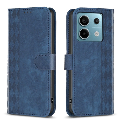 Plaid embossed leather flip phone case in blue with magnetic strap and camera cutout