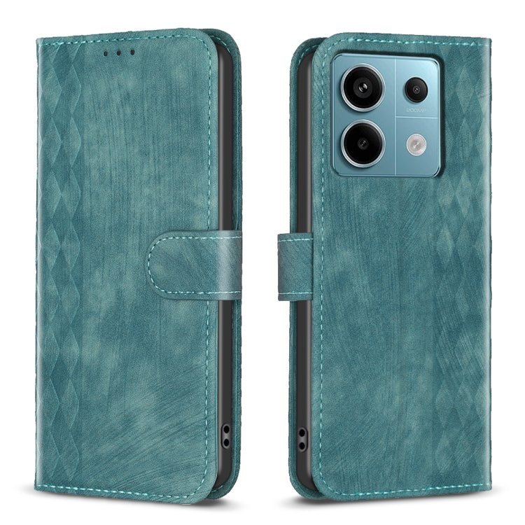 Plaid embossed leather flip phone case in teal with magnetic strap and camera cutout