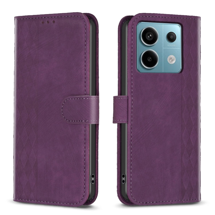 Plaid embossed leather flip phone case in purple with magnetic strap and camera cutout