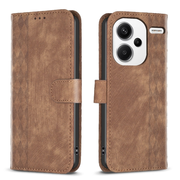 Plaid embossed leather flip phone case in brown with magnetic strap and camera cutout