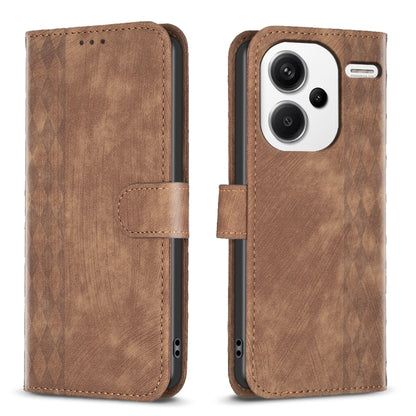Plaid embossed leather flip phone case in brown with magnetic strap and camera cutout