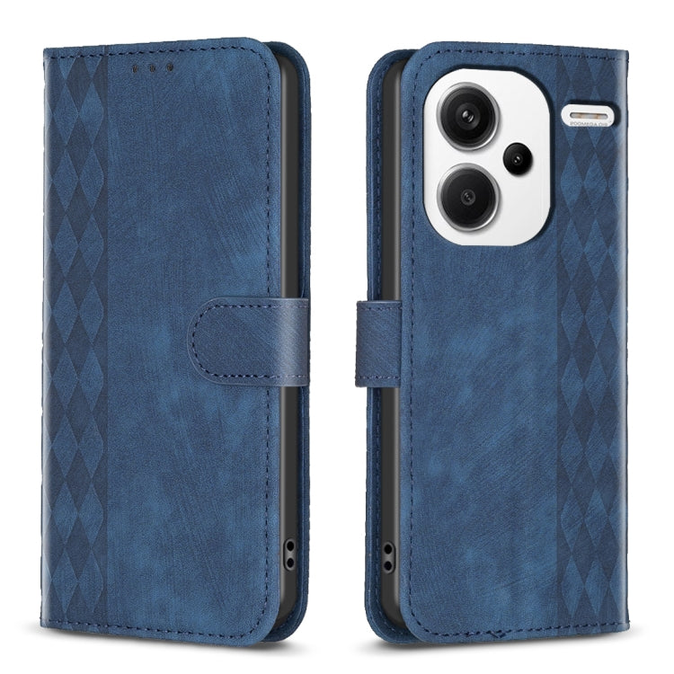 Plaid embossed leather flip phone case in blue with magnetic strap and camera cutout