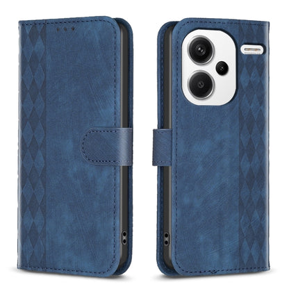 Plaid embossed leather flip phone case in blue with magnetic strap and camera cutout