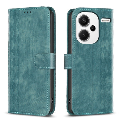 Plaid embossed leather flip phone case in teal with magnetic strap and camera cutout