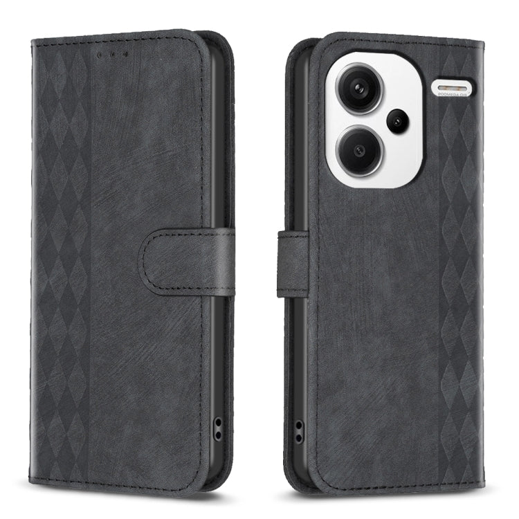 Plaid embossed leather flip phone case in black with magnetic strap and camera cutout