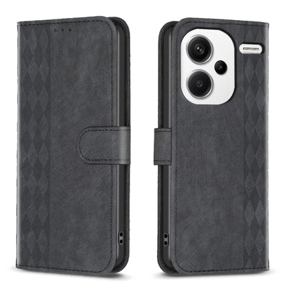 Plaid embossed leather flip phone case in black with magnetic strap and camera cutout