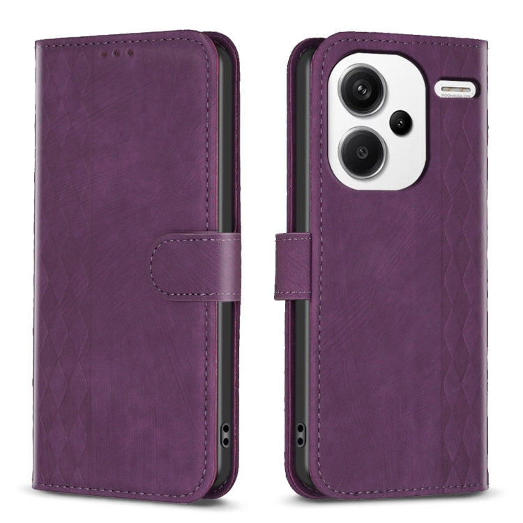 Plaid embossed leather flip phone case in purple with magnetic strap and camera cutout