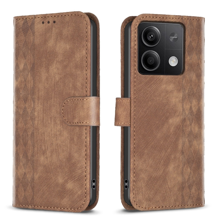 Brown plaid embossed leather phone case with flip cover and camera cutout