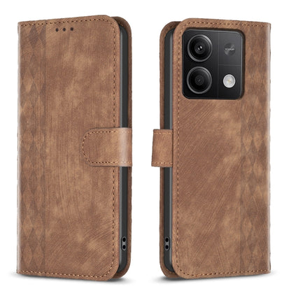 Brown plaid embossed leather phone case with flip cover and camera cutout