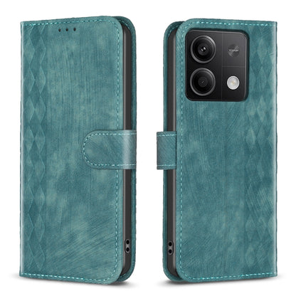 Green plaid embossed leather phone case with flip cover and camera cutout