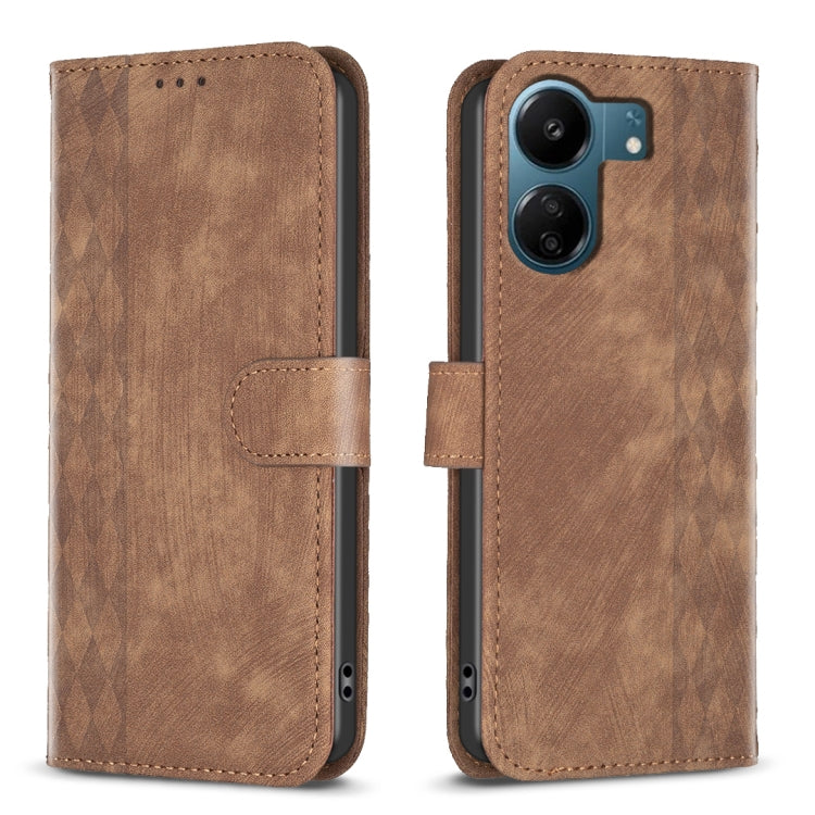 Brown plaid embossed leather phone case with flip cover and camera cutout