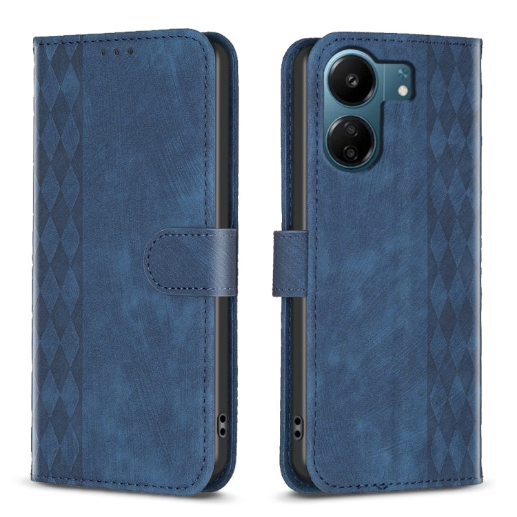 Blue plaid embossed leather phone case with flip cover and camera cutout