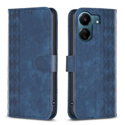Blue plaid embossed leather phone case with flip cover and camera cutout