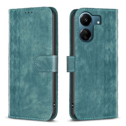 Green plaid embossed leather phone case with flip cover and camera cutout