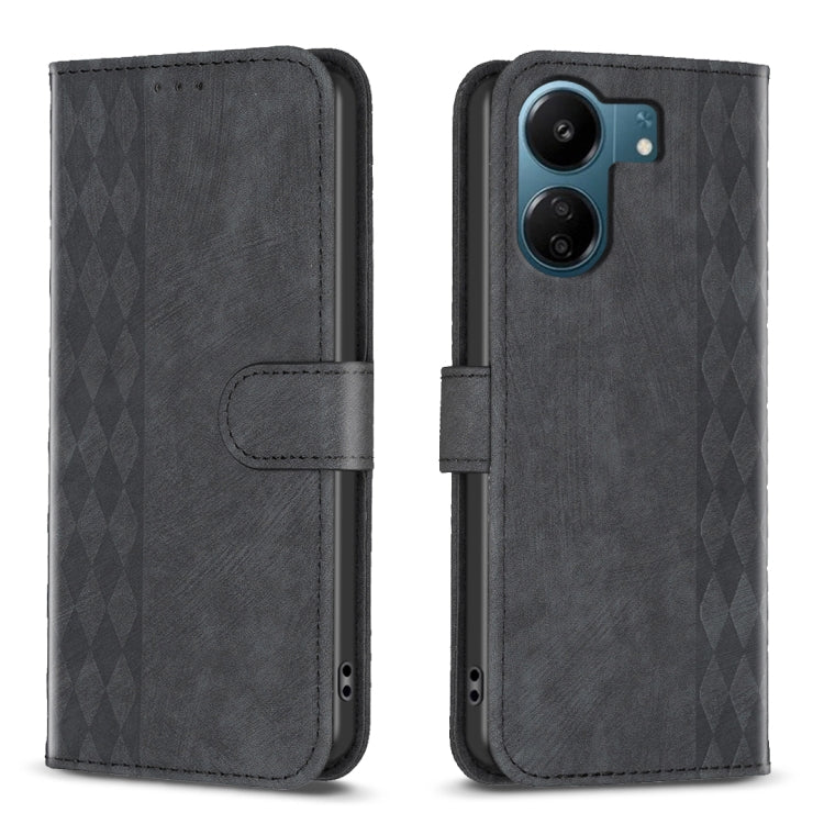 Black plaid embossed leather phone case with flip cover and camera cutout