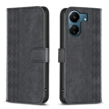 Black plaid embossed leather phone case with flip cover and camera cutout