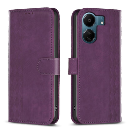 Purple plaid embossed leather phone case with flip cover and camera cutout