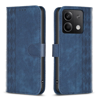 Plaid embossed leather phone case with folio wallet and side strap, blue