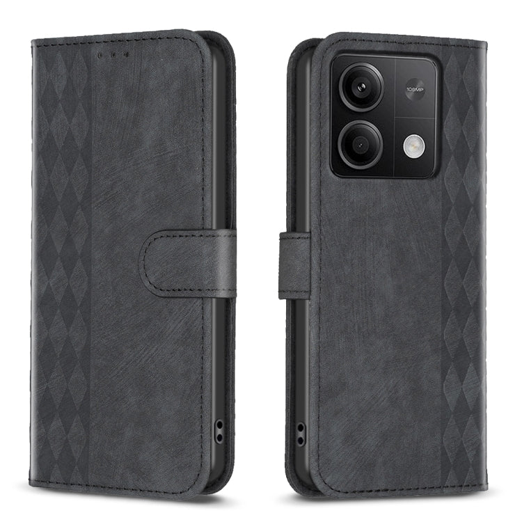 Plaid embossed leather phone case with folio wallet and side strap, dark gray