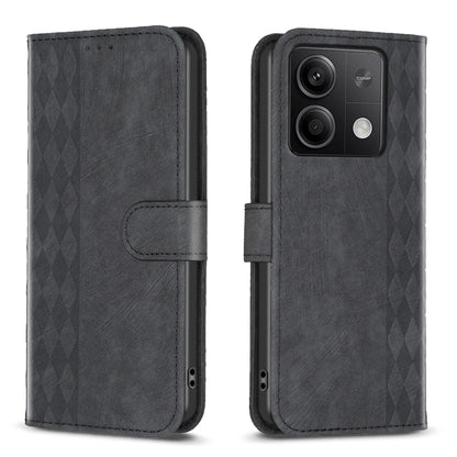 Plaid embossed leather phone case with folio wallet and side strap, dark gray
