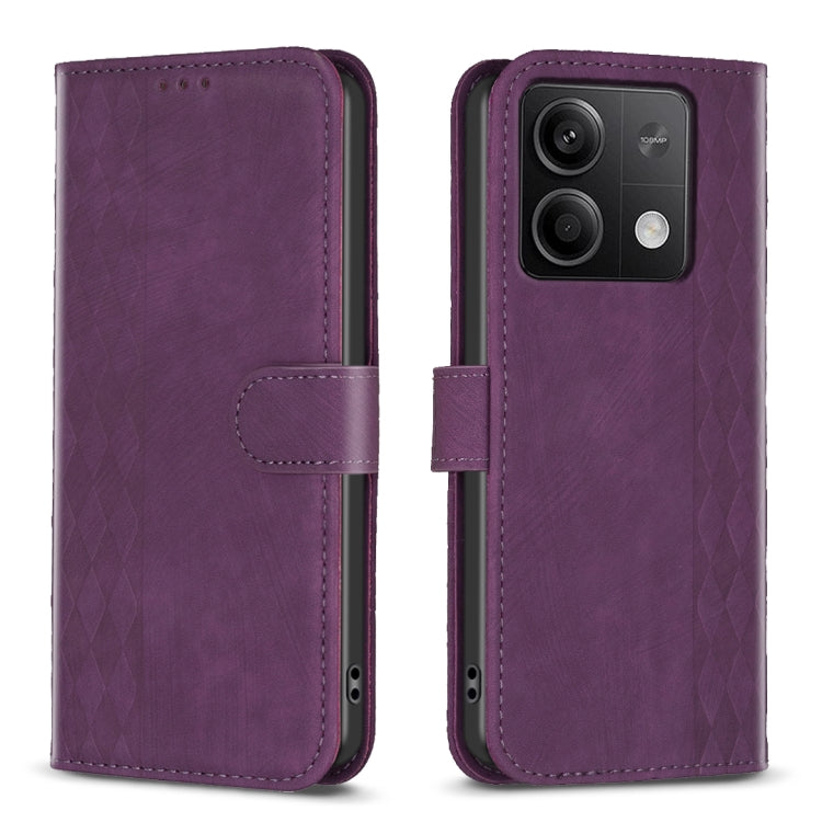 Plaid embossed leather phone case with folio wallet and side strap, purple