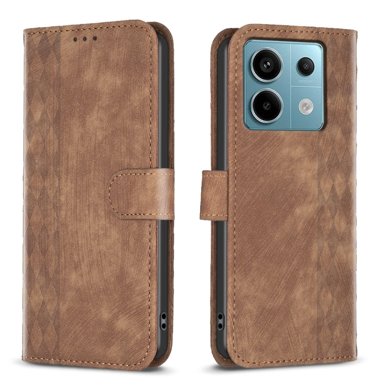 Brown embossed leather phone wallet case with flip cover and stitched edges.