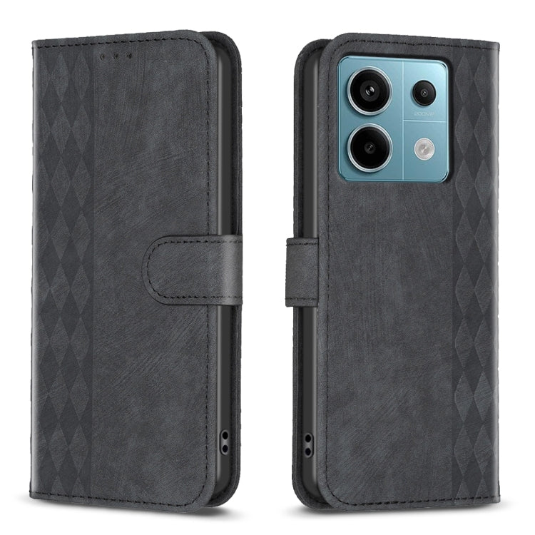 Plaid embossed leather phone case with folio wallet and side strap, dark gray
