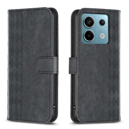 Plaid embossed leather phone case with folio wallet and side strap, dark gray