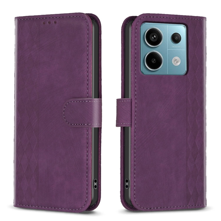 Plaid embossed leather phone case with folio wallet and side strap, purple