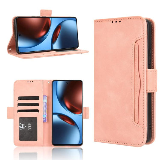 Pink leather phone case with calf texture, folio stand, and card slots