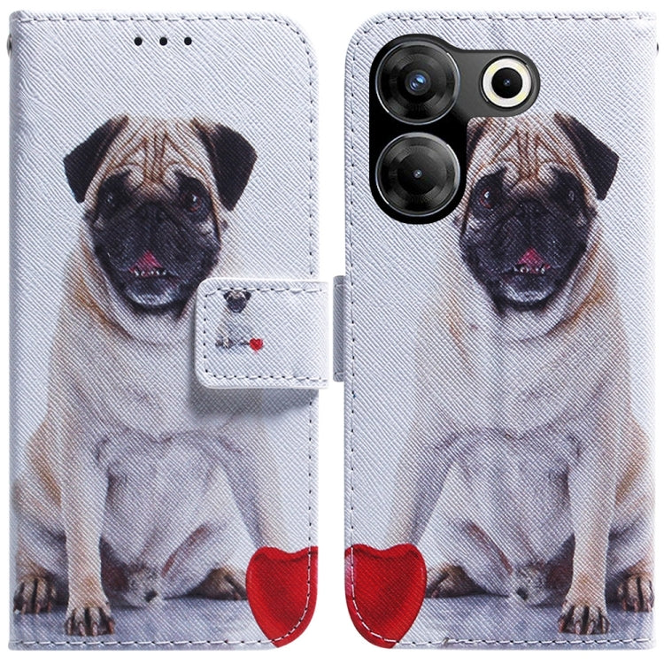 White flip leather phone case with dog illustration, red heart accent, and flip strap