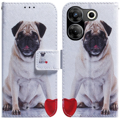 White flip leather phone case with dog illustration, red heart accent, and flip strap