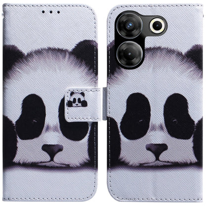 White flip leather phone case with panda illustration and small square snap window