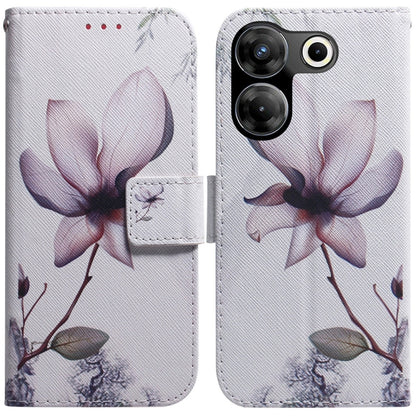 White flip leather phone case with pink magnolia flower design and stitched strap