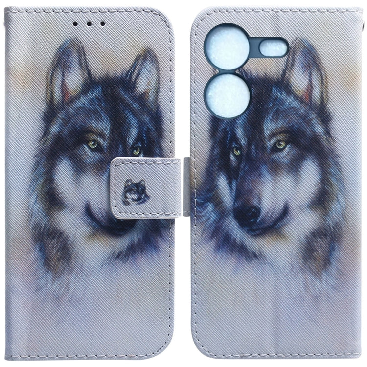 Flip leather phone case with light dog portrait print, magnetic flap and camera and port cutouts.
