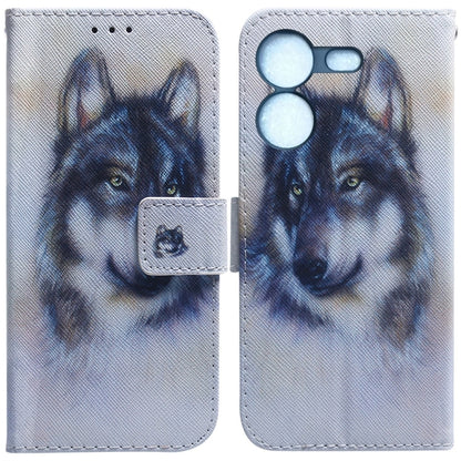 Flip leather phone case with light dog portrait print, magnetic flap and camera and port cutouts.