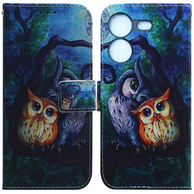 Flip leather phone case with owl-in-forest graphic, magnetic flap and camera cutout.